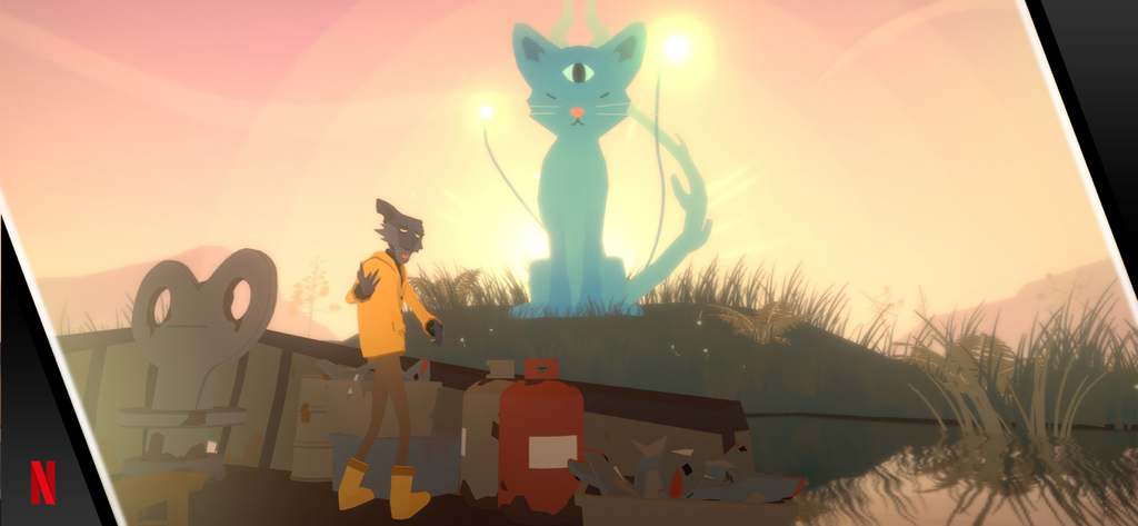 Before Your Eyes - Scena di gioco stilizzata da Before Your Eyes che mostra un personaggio con un cappotto giallo in piedi davanti a un'enorme statua di un gatto luminescente con tre occhi al tramonto.