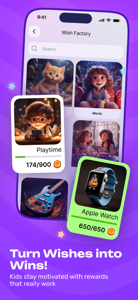 DragonFamily app Wish Factory screen showing rewards like playtime and an Apple Watch with progress bars for kids