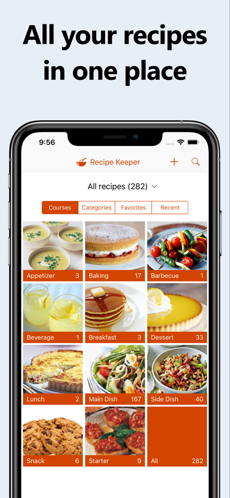 Interfaccia dell'app mobile Recipe Keeper che mostra una griglia di categorie di ricette come piatto principale e pasticceria con conteggi delle ricette