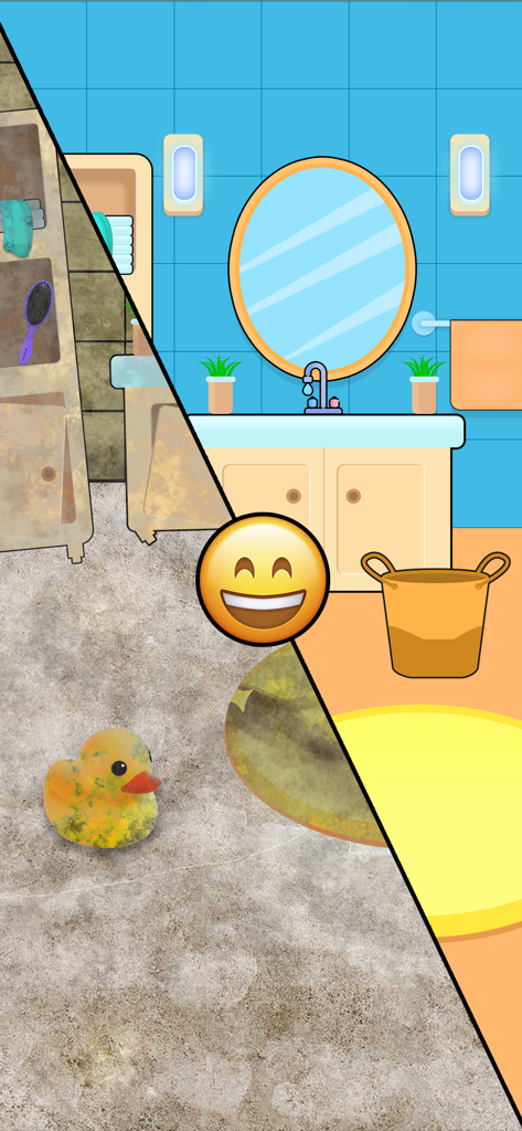 Comparación antes y después de un baño sucio siendo limpiado y organizado en el juego Tidy Color Sort