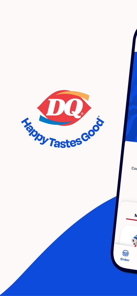 Dairy Queen® Food & Treats - Pantalla de bienvenida de la app móvil Dairy Queen con el logo y el eslogan Happy Tastes Good