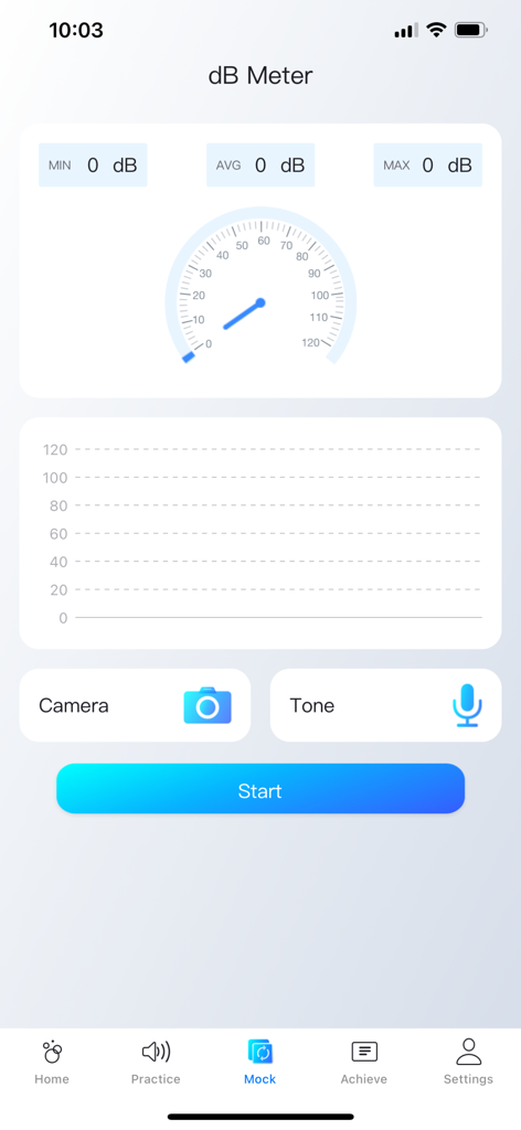 Water Wave - Clean Speaker - Decibel meter screen in the Water Wave app showing noise level statistics and audio analysis tools