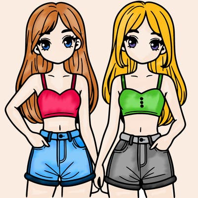 two sisters with crop tops and jean shorts and straight hair