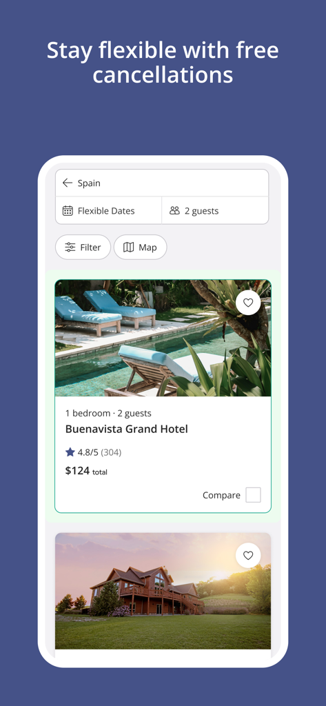 Casamundo mobile app showing vacation rental listings in Spain with free cancellation options.