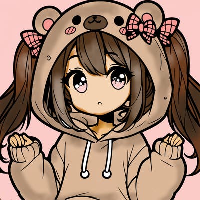 cute anime girl with ponytails and a cute bear hoodie