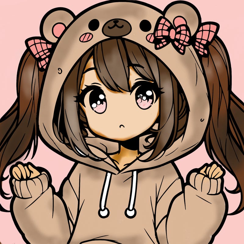 cute anime girl with ponytails and a cute bear hoodie