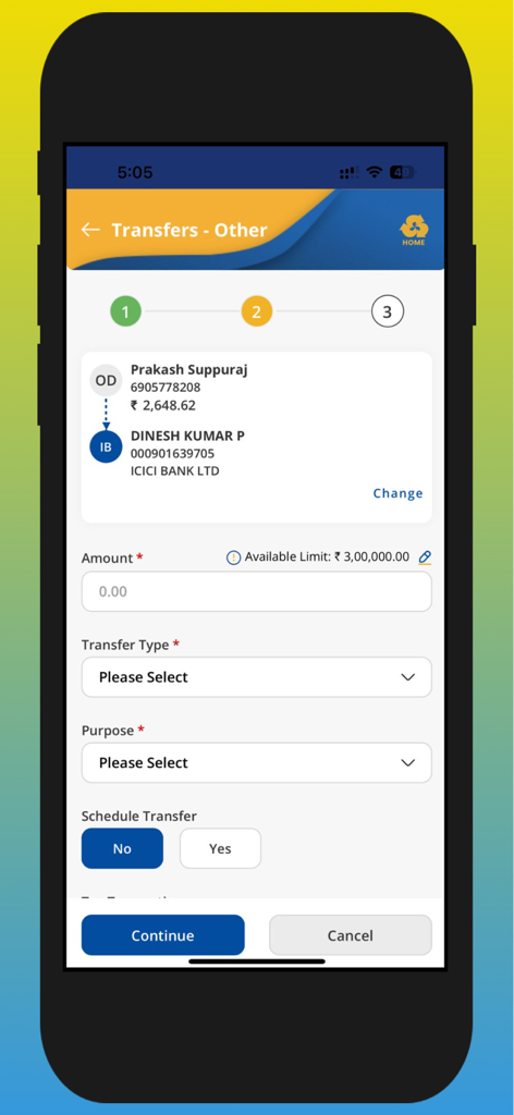 IndSMART IndianBank Mobile App - Interfaccia di trasferimento fondi nell'app IndSMART IndianBank per trasferire denaro ad altre banche