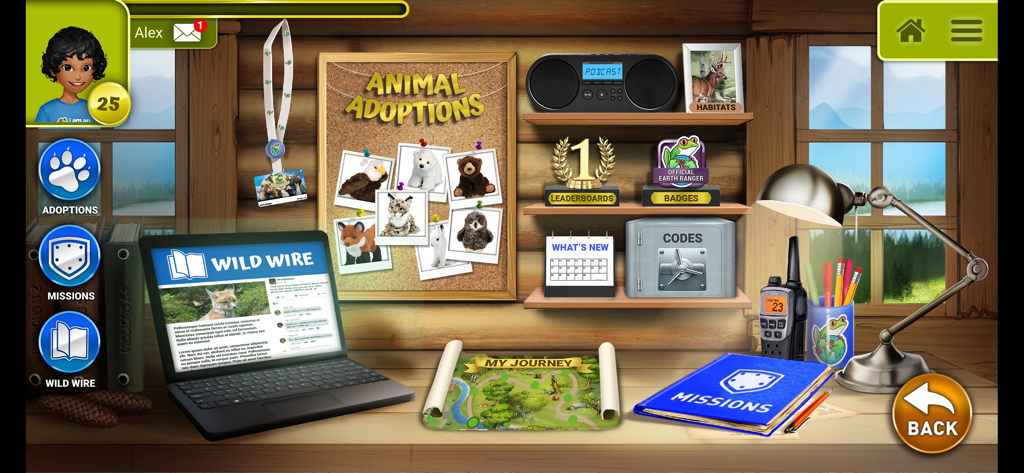 Earth Rangers - The main interactive ranger room dashboard in the Earth Rangers app featuring missions animal adoptions and a journey map