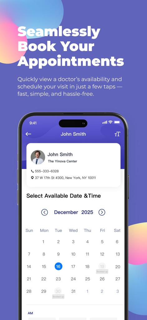 Una pantalla de teléfono inteligente de MyCare App que muestra el perfil de un médico y un calendario para reservar citas.