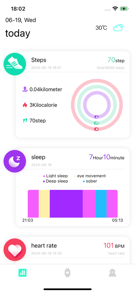 Interfaccia dell'app Dee Fit che mostra il conteggio dei passi giornalieri, grafici delle fasi del sonno e dati di monitoraggio della frequenza cardiaca