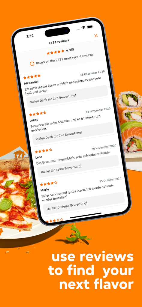 Ein Smartphone, das Kundenbewertungen und -bewertungen in der Lieferando App neben Pizza und Sushi anzeigt