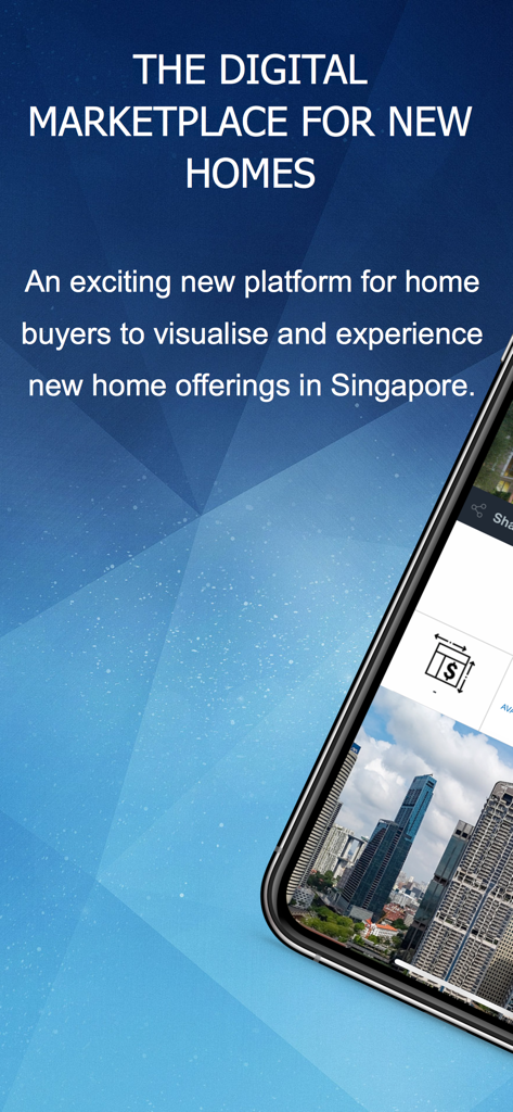 A promotional screen for Showsuite app describing it as a digital marketplace for new homes in Singapore with an image of city skyscrapers