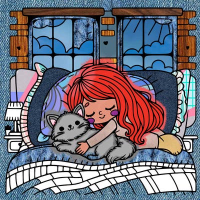 girl lying in bed cuddling a fluffy cat with big room