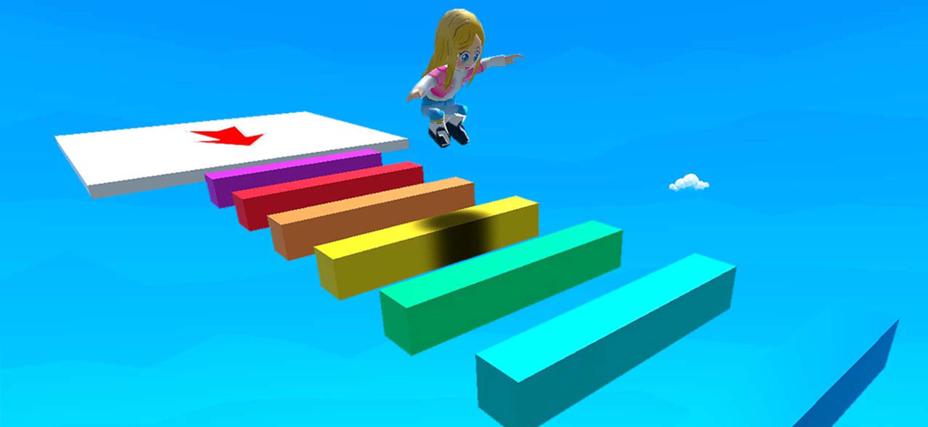 Obby parkour offline games - A character jumping between colorful rainbow platforms in an offline obby parkour game.