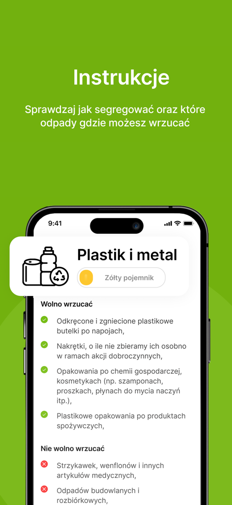 Waste collection schedule - Smartphone screen displaying detailed recycling instructions and sorting rules for plastic and metal waste within the My Waste app.