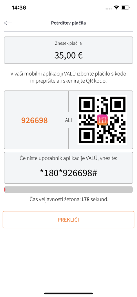 mTerminal mobile app payment confirmation screen showing a QR code and numeric code for a 35 euro transaction.