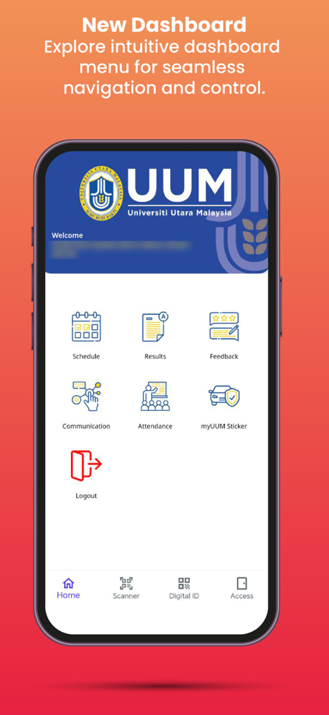 Painel do aplicativo UUM Student 2.0 mostrando ícones para horário de aula, resultados de exames e frequência do estudante.
