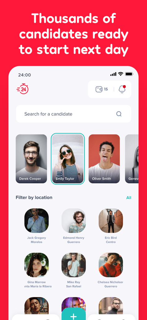 Bonded - 24 Saatte İş - Mobile interface of the Bonded app showing profiles of available job candidates with a location filter