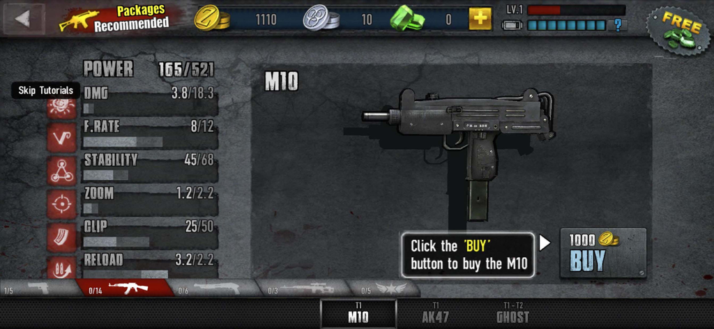 Pantalla de compra de la ametralladora M10 en Zombie Frontier 3 que muestra las estadísticas del arma y la interfaz de la tienda