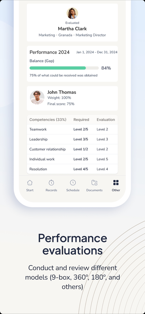 BizneoHR - 従業員のコンピテンシーとスコアを含むパフォーマンス評価ダッシュボードを表示するBizneoHRモバイルアプリのインターフェース