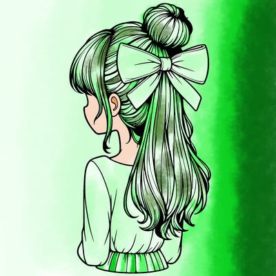 realistic girl  with hip length hair a bun and a big bow on the back of head