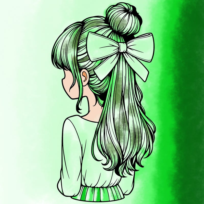 realistic girl  with hip length hair a bun and a big bow on the back of head
