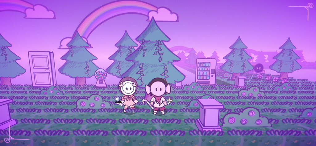 Sundy Stairway - Dos personajes dibujados a mano de pie en un paisaje surrealista púrpura con un arcoíris y una máquina expendedora