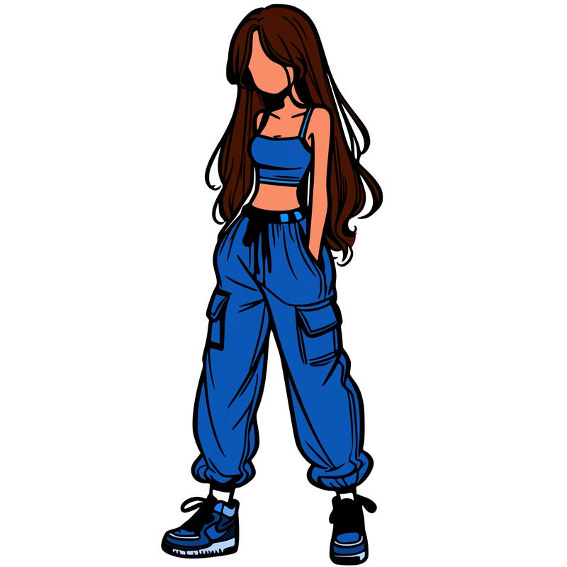 girl in baggy pants crop top and long hair