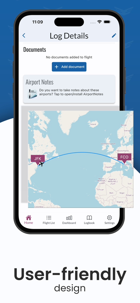 MyLog | Digital Pilot Logbook - ユーザーフレンドリーなデジタルパイロットログブックインターフェース。フライト詳細とルートマップを表示。