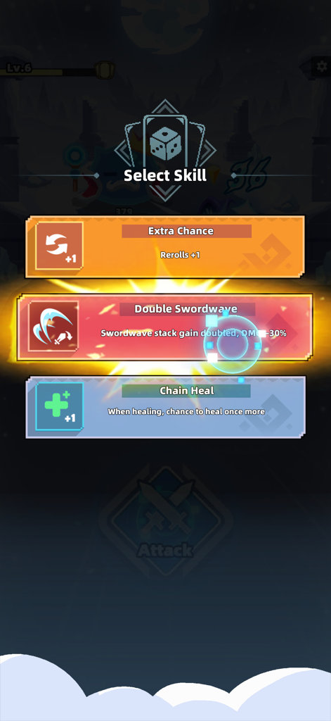 Dicero! - Diceroゲームのスキル選択画面。3つのローグライトアップグレードオプション：Extra Chance、Double Swordwave、Chain Healが表示されている