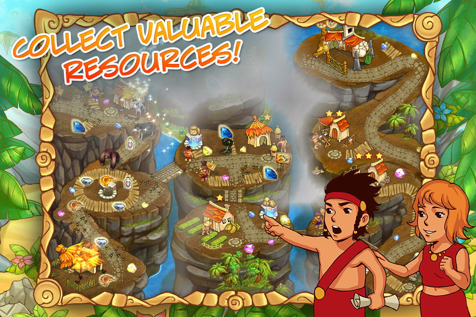 Island Tribe 5 - Island Tribe 5 gameplay showing tribal characters and resource management on tropical islands