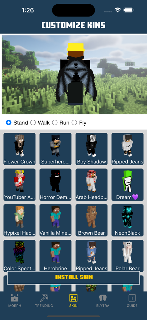 MCPE MORPH MODS FOR MINECRAFT - A mobile app interface showing a 3D character preview and a grid of various Minecraft skins for selection and installation