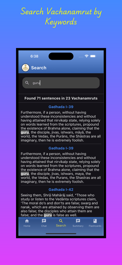 Vachanamrut聖書内のキーワード「guru」の検索結果を表示するモバイルアプリのスクリーンショット。