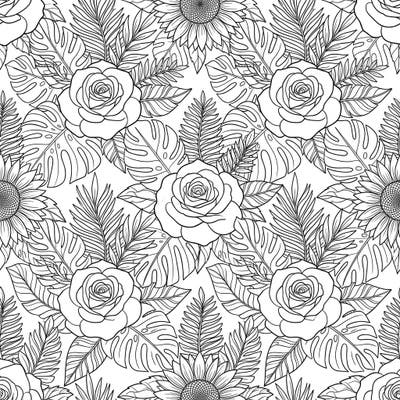 Dive into a world of botanical beauty with this enchanting seamless pattern coloring page, perfect for young nature lovers. Featuring a delightful mix of roses, sunflowers, and tropical leaves, this design offers endless creative possibilities for kids aged 4-8.