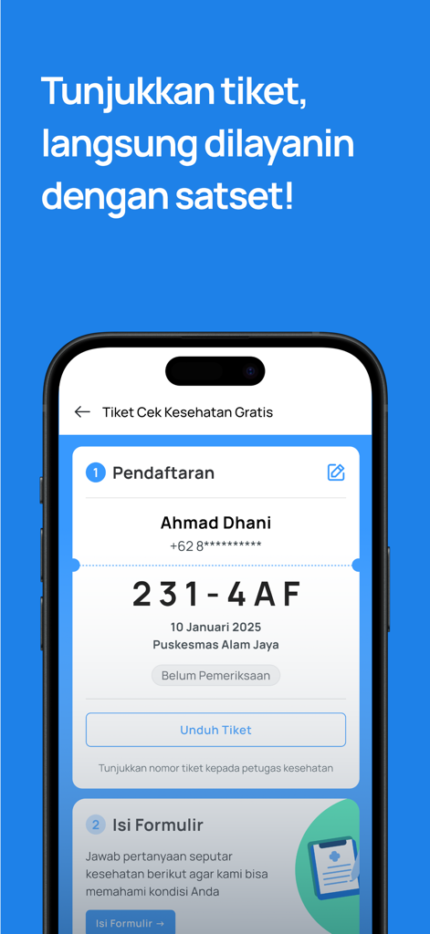 Digital health check registration ticket displayed on the SATUSEHAT Mobile app interface