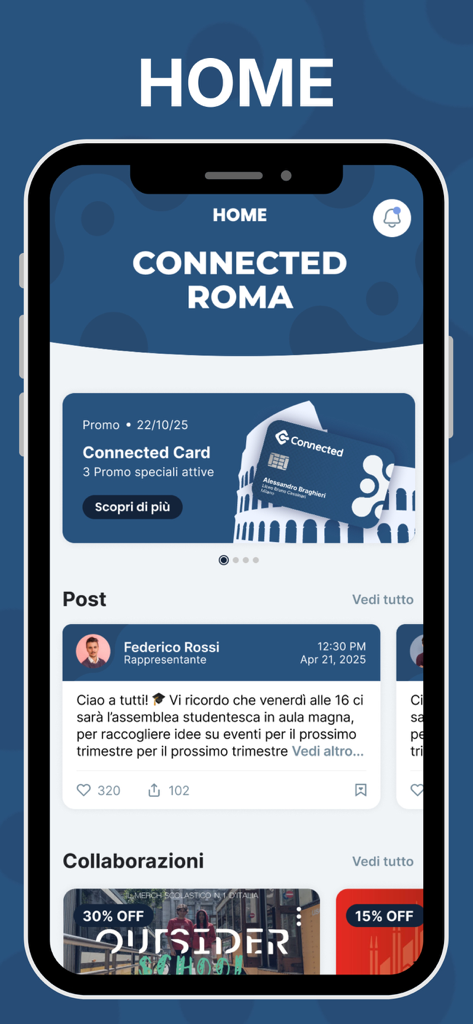 Pantalla de inicio de la aplicación Connected que muestra publicaciones de estudiantes y ofertas de la comunidad local.
