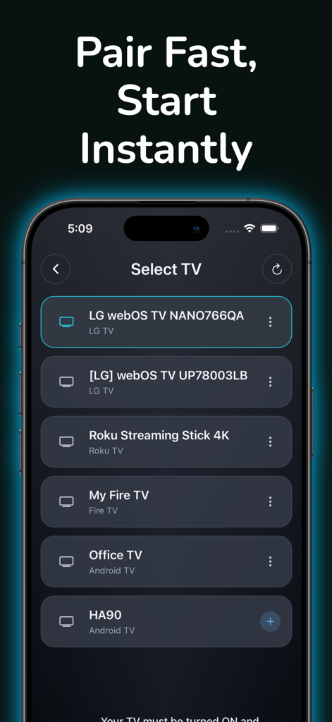 Device selection screen of the universal TV remote app showing compatible LG Roku and Fire TV devices.