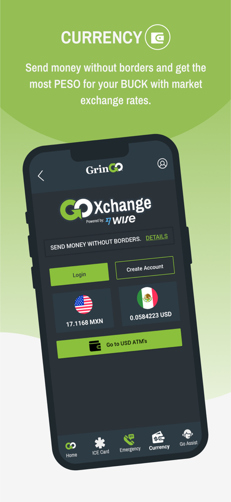 The currency exchange screen of the GrinGO app showing exchange rates for US Dollars and Mexican Pesos