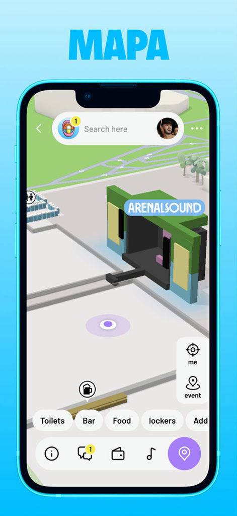 Arenal Sound Official - Mapa 3D inmersivo del festival de música Arenal Sound en la pantalla de un teléfono móvil