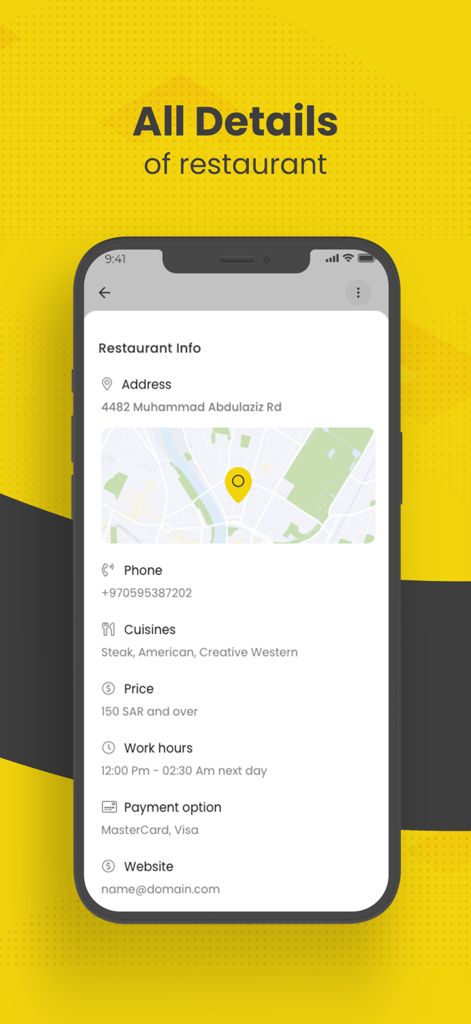 Oberfläche der MyTable-App, die Restaurantinformationen wie Adresse, Küchenstil, Preis und Öffnungszeiten anzeigt.