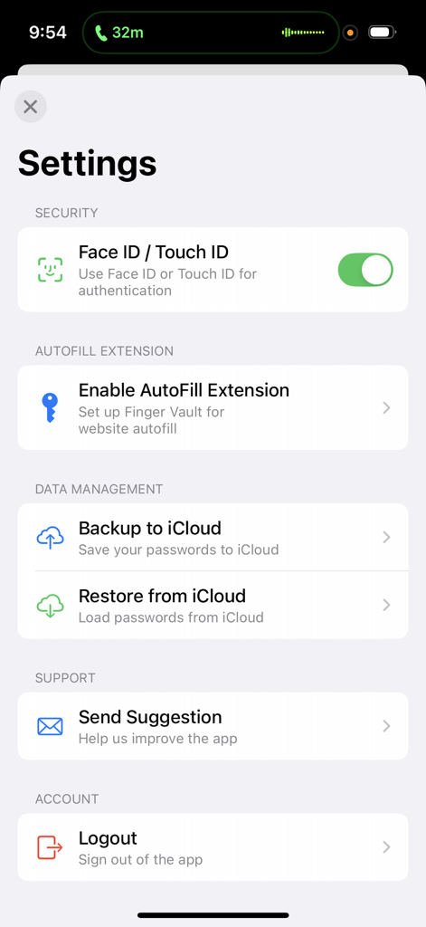 The settings screen of the Finger Vault Password Manager app displaying options for FaceID, TouchID, and iCloud data management.