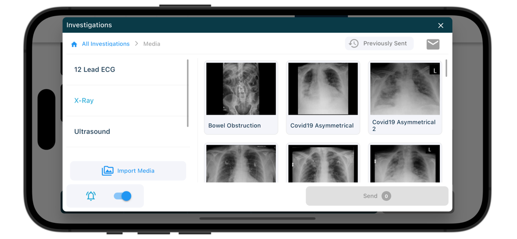 A medical simulation app interface displaying several clinical x-ray images for training