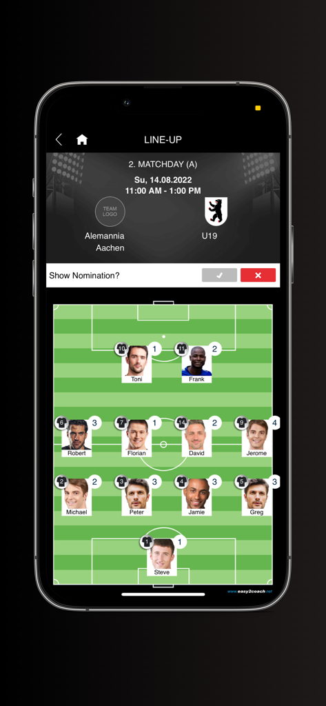 Digital soccer lineup screen with player photos positioned on a tactical field layout.