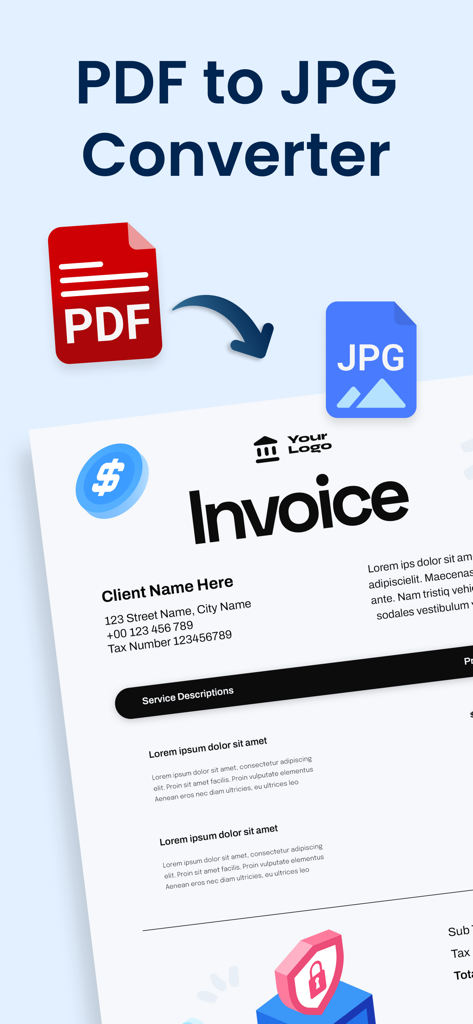 PDF to JPG Converter - JPEG - A screenshot showing the PDF to JPG Converter app transforming a PDF invoice document into a JPEG file