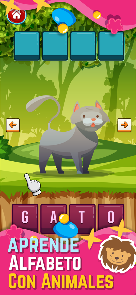 Interfaz de juego educativo para ninos sobre como deletrear la palabra gato en espanol