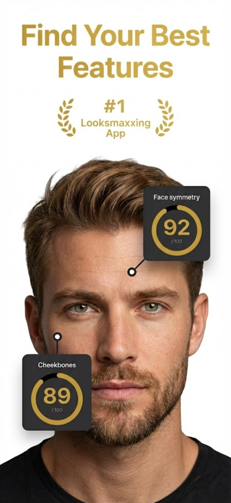 BlackPill: Look Your Best - BlackPill app screenshot showing AI facial symmetry and cheekbone scores