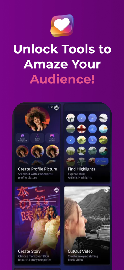 Boost App Social - Interface of Boost App Social showing features for profile pictures highlight covers story templates and video editing