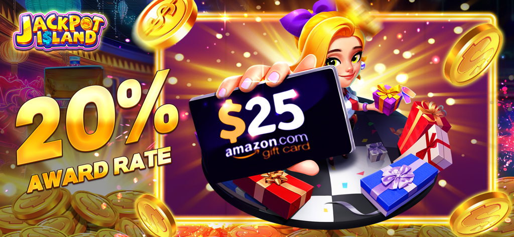 Jackpot Island - Slot Machines - Jackpot Island slots promotional graphic showing a 25 dollar Amazon gift card and a 20 percent award rate message