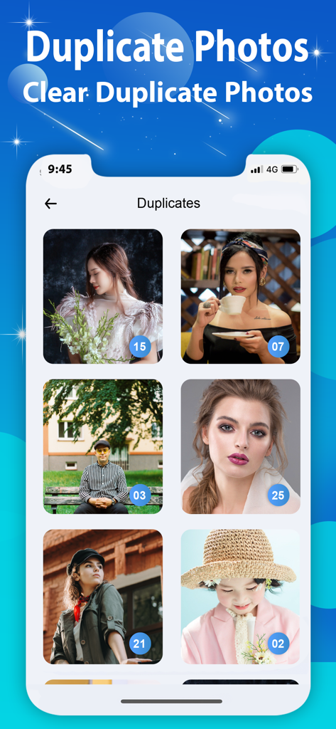Boost Cleaner app screen showing groups of duplicate photos to clear phone storage