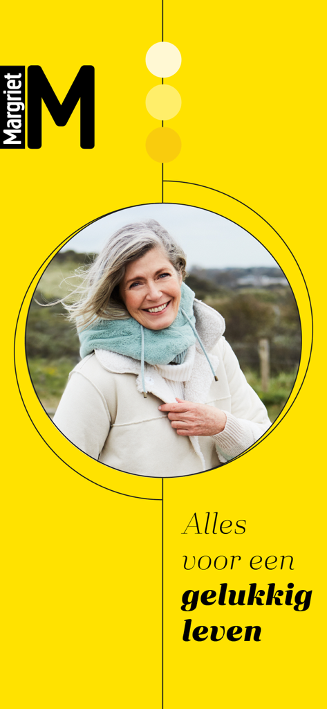 Pantalla de presentación de la aplicación de revista de estilo de vida Margriet con una mujer sonriente y el lema Alles voor een gelukkig leven